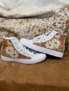 Custom Leather Converse, Leather Tooled Converse, Cute Western Shoes, Tooled Converse, Country Converse, Western Converse, Western Sneakers, Women’s Shoes, Tooled Leather Shoes