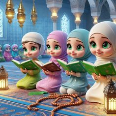 five muslim children reading books in a mosque with lanterns and lights around them, all wearing headscarves