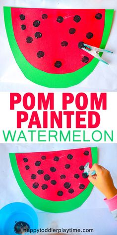 a paper plate with watermelon slices cut out to make a pom pom painting