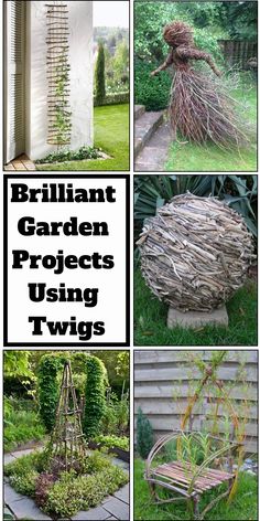 several pictures of different types of garden projects using twigs and branches to make them look like they are made out of twigs