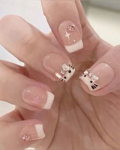 Cheap Nails Idea, Gel X Square Nails, Short Coquette Nails, Cute Medium Length Nails, Short Gel Manicure, Hello Kitty Nails Art, Grunge Nails, Girly Acrylic Nails, Cute Acrylic Nail Designs