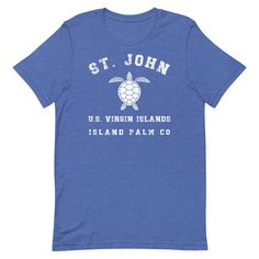 St John has got to be on everyone's Happy place list!  What an incredible island escape.  Try this comfy beach tee on your next island getaway. This t-shirt is everything you've dreamed of and more. It feels soft and lightweight, with the right amount of stretch. It's comfortable and flattering for all.  Designed by Island Palm Co * 100% combed and ring-spun cotton (Heather colors contain polyester) * Fabric weight: 4.2 oz./yd.² (142 g/m²) * Pre-shrunk fabric * Side-seamed construction * Shoulde Beach Season Short Sleeve Pre-shrunk T-shirt, Vacation Crew Neck Pre-shrunk T-shirt, Beach Season Pre-shrunk Short Sleeve T-shirt, Pre-shrunk Short Sleeve T-shirt For Beach Season, Pre-shrunk Crew Neck T-shirt For Vacation, Beach Tee, Travel Tees, Us Virgin Islands, Caribbean Travel