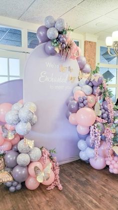 Photo inspiration only - photo credit to the original owner We Are Enchanted To Meet You Baby, Lilac Baby Shower Ideas, Enchanted Garden Baby Shower Theme, Taylor Swift Baby Shower Theme, Garden Baby Shower Theme, Angel Baby Shower, Baby Shower Balloon Arch, Lavender Baby Showers