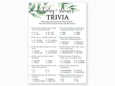 the baby shower trivia printable is shown in black and white with green leaves