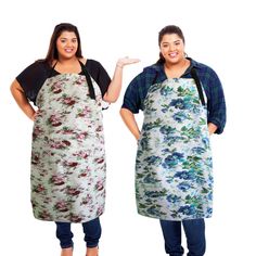 two women standing next to each other with aprons over their shoulders and one holding her hand out