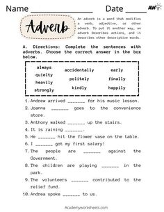 the worksheet for an adverb with words and pictures on it, including numbers