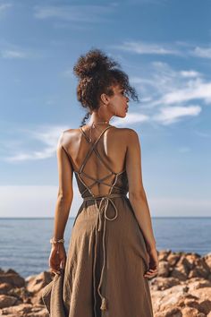 Green Backless Bridesmaid Dress, Green Backless Dress With Lace-up Back, Beach Sundress With Lace-up Back, Green Backless Maxi Dress For Bridesmaid, Green Backless Bridesmaid Maxi Dress, Bohemian Halter Neck Wedding Dress, V-neck Beach Dress With Lace-up Back, Green Maxi Length Backless Dress For The Beach, Green Backless Maxi Dress For Beach