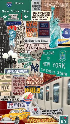 a collage of street signs and buildings in new york city