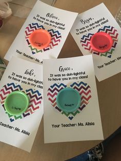 four teacher's appreciation cards on a table