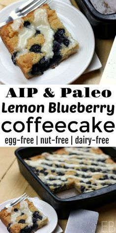 lemon blueberry coffee cake on a white plate with the title above it in black and white