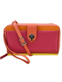 This genuine leather crossbody bag is the bomb!  It's perfect for a night on the town, or for travel.  Easy access to your credit cards, money and other necessities.   You'll be the envy of your friends with this small cell phone crossbody in colorful orange, red and yellow leather.   Smooth leather small crossbody phone wallet Removable and adjustable shoulder strap Removable wrist strap RFID blocking lining Zip closure Front phone pocket with tab closure Inside center zip divider, 16 credit card slots and two slip pocket for your currency Dimensions: 7.75 x 4.75 x 1.5 in. Strap Drop: 28 in. Cell Phone Wallet, Cell Phone Purse, Purse Crossbody, Phone Purse, Crossbody Wallet, Leather Crossbody Purse, Yellow Leather, Small Crossbody, Phone Wallet