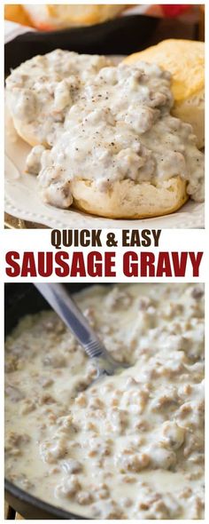 sausage gravy in a skillet with bread on the side, and an image of