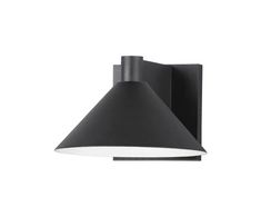 a black wall light with an angled shade on the top and bottom corner, against a white background