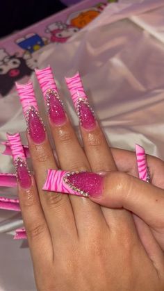 @nailzzbybriana on Instagram: "recreated one of my sets but make it XL this time 🤤😜 #pinknails #xlongnails #rhinestonenails #zebranails #glitternails #charmnails #frenchnails #acrylicnails #prettynails #nailinspo #nailinspiration #nailsdesign #nailsofinstagram #nailsonfleek #freestylenails #nailporn #nailtech #bakersfieldnails #lamontnails #661nails #661nailtech" Zebra Nails, Acrylic Toe Nails, Short Square Acrylic Nails