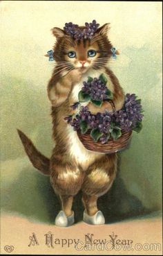 a painting of a cat holding a basket with purple flowers