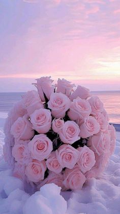 a bouquet of pink roses sitting on top of snow covered ground next to the ocean