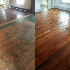 an empty living room with wood floors and white trim on the walls is shown before and after remodeling