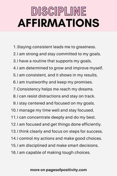 a pink and white poster with the words discipline affirmations