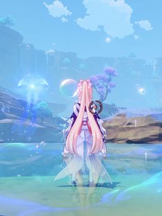 an anime character standing in the water with her hands behind her back, looking at something