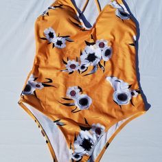 New With Hygiene Protection Intact White Flowers On A Bright Yellow/Orange Background Padded Bra Inserts Labeled As Large, Fit Medium Flat Lay Measurements: Unstretched Bust 12" Waist 10" Hips 12" W#4 Box Swim 1 Yellow Orange Background, White Tankini, Floral Swimwear, Halter Swimwear, Black Tankini, Floral One Piece, Halter One Piece Swimsuit, Bra Inserts, Black One Piece Swimsuit