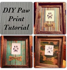 four frames with dog paw prints and the words, diy paw print tutorial