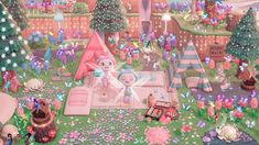 an image of a fairy land scene with lots of flowers and other things on the ground