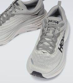 Find HOKA ONE ONE Bondi 8 Running Shoes on Editorialist. Upper: fabric. Toe shape: round toe. Sole: fabric insole, rubber sole. Made in Vietnam. Comes with a box. Closure: lace-up. Lining: fabric. Running Shoes With Translucent Outsole, Textile Running Shoes With Rubber Sole And Round Toe, Hoka Shoes, Hoka One One, Grey Shoes, Running Shoes Sneakers, Lining Fabric, A Box, Rubber Sole