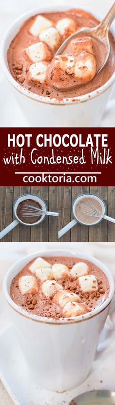 hot chocolate with condenseed milk in a white bowl on top of a wooden table