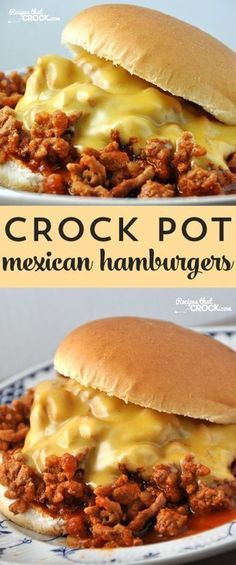 crock pot mexican hamburgers on a plate with cheese and meat in the middle