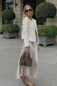 #fashion #style #outfits Trip Look For Women, Beige Satin Skirt Outfit Summer, Elegant Modest Outfits, Lv Bag Outfit, Long Torso Outfits, Dior Outfits Women, Female Office Outfits, Demure Outfit, Dress Old Money