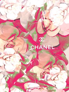 the chanel logo is surrounded by pink and white flowers with green leaves on them