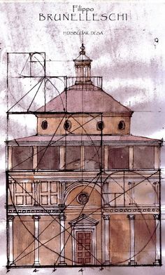 a drawing of a building with scaffolding on it's front and side