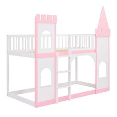 a pink and white castle bed with stairs