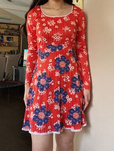 "70s Red, White & Blue Floral Apron Style Mini Dress, handmade. Best fits a size XS-S. It has a few small holes and the small clasp above the zipper is missing. Shown on an XS, 5'3\". Measurements: Pit to Pit: 15.5\"-18\" Waist: 12\"-13.5\" Length: 32.25\" Sleeve Length: 20.5\"" Retro Red Stretch Dress, Etsy Clothes, Floral Apron, Etsy Success, Etsy Seo, Dress Handmade, Dress Clothes For Women, Red White Blue, Blue Floral