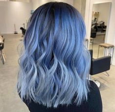 Icy Blue Balayage, Icy Blue Hair Ombre, Dark Blue Light Blue Hair, Light Blue Money Piece Hair, Sky Blue Hair Color, Smokey Blue Hair, Icy Blue Hair