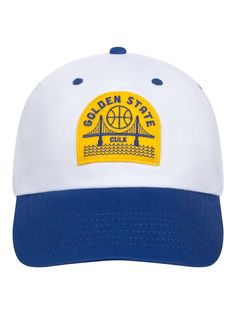 Golden State Dad Hat White/Blue-Culk Adjustable Collegiate Trucker Hat With Curved Bill, Collegiate Style Adjustable Trucker Baseball Cap, Adjustable Collegiate Trucker Hat Baseball Cap, Collegiate Style Adjustable Trucker Cap, Adjustable Cotton Hat With Embroidered Patch, Collegiate Cotton Trucker Hat With Curved Brim, Vintage White Cotton Dad Hat, Collegiate Cotton Snapback Trucker Hat, Collegiate Cotton Trucker Hat With Curved Bill