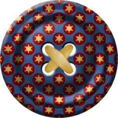 a blue plate with red and gold stars on it