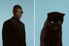 a man in a suit and sunglasses standing next to a black cat on a blue background