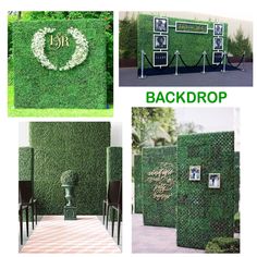 four different views of a green wall with pictures and words on it, including the word back drop