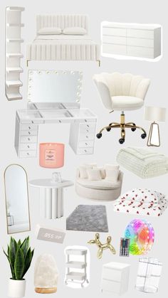 a collage of white furniture and accessories including a chair, bed, mirror, desk, lamp, rug, table