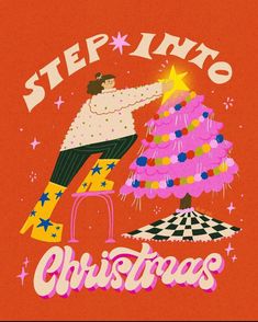 an image of a man decorating a christmas tree with the words step into christmas