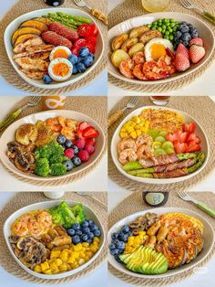 four pictures of different types of food in bowls