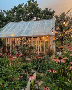 a garden with lots of flowers and plants around it, including an old fashioned greenhouse