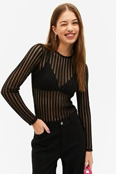 Black zigzag mesh top - Black - Monki WW Long Sleeve Mesh Top Outfit, Mesh Top Outfit, Heavy Knit Sweater, Sheer Long Sleeve Top, Velvet Slip Dress, Jumper Outfit, Black Mesh Top, Zigzag Pattern, Fashion Capsule