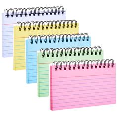 five different colored spiral notepads lined up