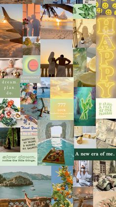 a collage of photos with the words happy written in different languages and pictures on them