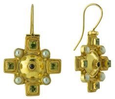 Our job as designers is to make art matter. A tiny almandine garnet is crossed by cultured pearls and faceted peridot in this neo-classical Georgian cross. 24k gold over sterling silver. Hoop backs for pierced ears. Size 1 1/2 inches. Ancient Roman Jewelry, Mid Century Earrings, Roman Jewelry, Georgian Jewelry, Almandine Garnet, Neo Classical, Peridot Earrings, Indian Jewellery Design Earrings, Jewelry Design Earrings