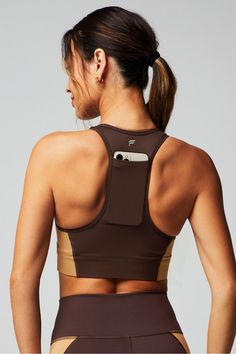 On-The-Go Medium Impact Sports Bra Fabletics Cacao/Quicksand female Activewear >> Womens >> Sports Bras >> Medium Impact regular External Pocket/Removable Bra Cups/Removable Cups/UPF Protection Sporty Brown Activewear For Training, Brown Fitted Sporty Activewear, High Stretch Brown Activewear For Sports, Brown High Stretch Activewear For Sports, Brown Athleisure Activewear For Gym, Brown High-stretch Activewear For Sports, Brown Compressive Activewear For Gym, Brown Athleisure Activewear For Training, Sporty Brown Yoga Activewear