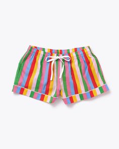 Leisure Shorts - Rainbow Stripes by ban.do - pjs - ban.do Rainbow Shorts, Strawberry Patch, Lounge Outfit, Lifestyle Trends, Feminine Outfit, Cotton Voile, Pajama Shorts, Matching Top, Rainbow Stripes