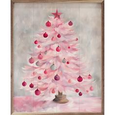 a painting of a pink christmas tree with ornaments